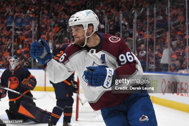 Mikko Rantanen of the Colorado Avalanche celebrates after scoring a goal against the Edmonton Oilers during the third period in Game Four of the...