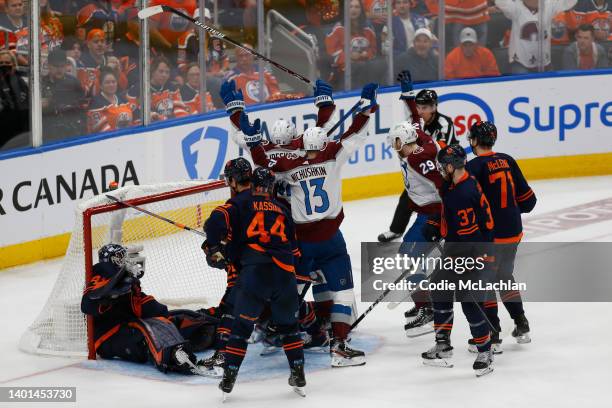 Gabriel Landeskog of the Colorado Avalanche reacts after scoring a goal against Mike Smith of the Edmonton Oilers during the third period in Game...