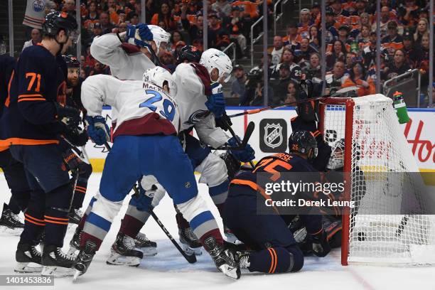 Nathan MacKinnon scores a goal against Mike Smith of the Edmonton Oilers during the third period in Game Four of the Western Conference Final of the...