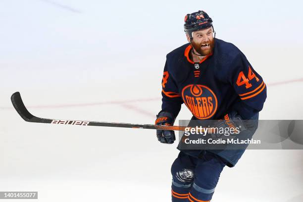 Zack Kassian of the Edmonton Oilers reacts after scoring a goal against the Colorado Avalanche during the third period in Game Four of the Western...
