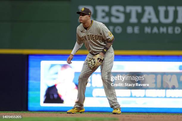 Manny Machado of the San Diego Padres anticipates a pitch during a game against the Milwaukee Brewers at American Family Field on June 03, 2022 in...