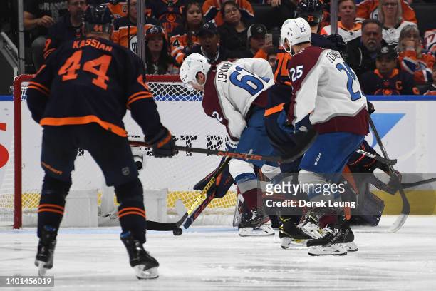 Artturi Lehkonen of the Colorado Avalanche scores a goal in overtime to defeat the Edmonton Oilers 6-5 in Game Four of the Western Conference Final...