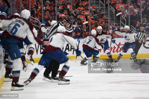 Artturi Lehkonen of the Colorado Avalanche celebrates with teammates after scoring a goal in overtime to defeat the Edmonton Oilers 6-5 in Game Four...