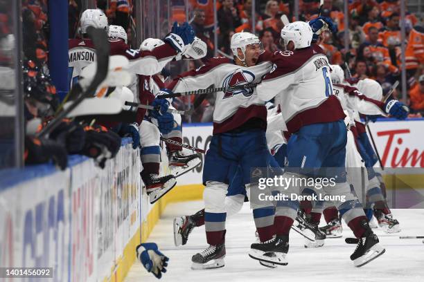 The Colorado Avalanche celebrate after defeating the Edmonton Oilers 6-5 in overtime in Game Four of the Western Conference Final of the 2022 Stanley...