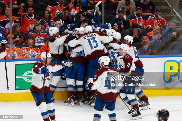 The Colorado Avalanche celebrate after defeating the Edmonton Oilers 6-5 in overtime in Game Four of the Western Conference Final of the 2022 Stanley...