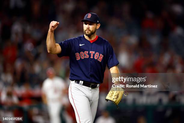 Michael Wacha of the Boston Red Sox celebrates a 1-0 win against the Los Angeles Angels at Angel Stadium of Anaheim on June 06, 2022 in Anaheim,...