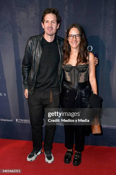 Joaquín Rendón and Ximena Sariñana pose for a photo on the red carpet before "El Hoyo" film premiere at Cinepolis Diana on June 6, 2022 in Mexico...