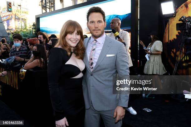 Bryce Dallas Howard and Chris Pratt attend the Los Angeles premiere of Universal Pictures' "Jurassic World Dominion" on June 06, 2022 in Hollywood,...