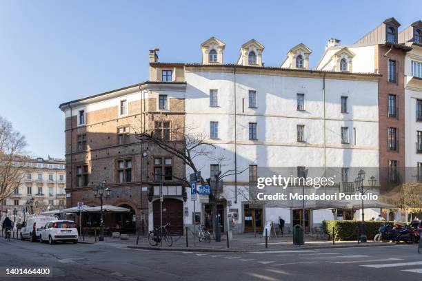 Facades of historic buildings at the intersection of via IV Marzo and via Porta Palatina in the center of the Piedmontese capital. Turin , February...