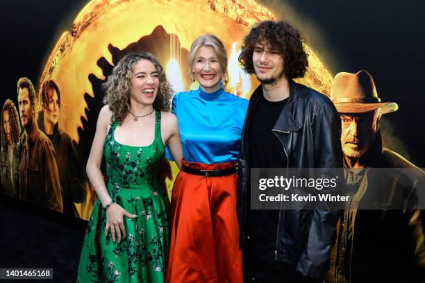 Jaya Harper, Laura Dern, and Ellery Harper attend the Los Angeles premiere of Universal Pictures' "Jurassic World Dominion" on June 06, 2022 in...