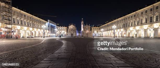 Piazza San Carlo with the two churches at the bottom, called twins, Santa Cristina and San Carlo . Turin , February 9th, 2022