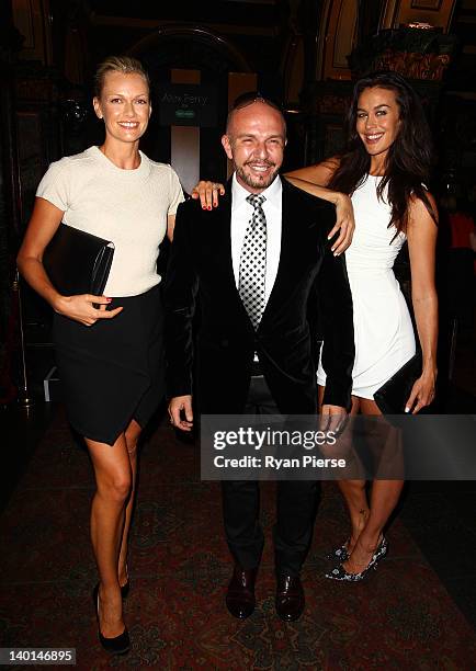 Sarah Murdoch, Alex Perry and Megan Gale arrive at the Alex Perry 2012 Collection launch at the Marble Bar on February 29, 2012 in Sydney, Australia.