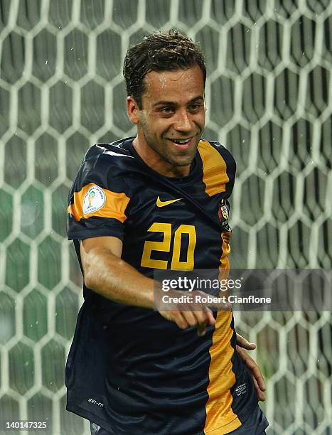 Alex Brosque of Australia celebrates his goal during the Group D 2014 FIFA World Cup Asian Qualifier match between Australia and Saudi Arabia at AAMI...