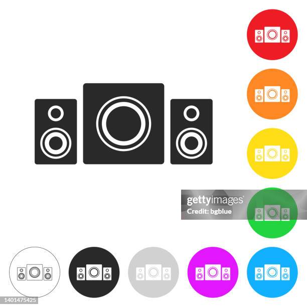speaker sound system with subwoofer. icon on colorful buttons - video studio set stock illustrations
