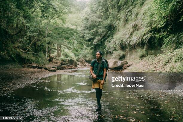 man hiking in gorge in forest - tierra salvaje fotografías e imágenes de stock
