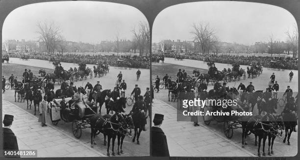 Stereoscopic image showing German Royal Prince Henry of Prussia and his party arriving at the United States Capitol Building in Washington, DC,...