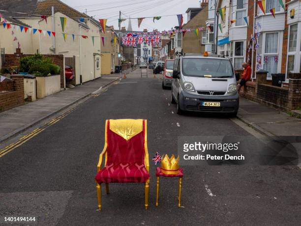 Throne fit for a Queen for residents and guests at a street party to celebrate the Queen's Platinum Jubilee on June 05, 2022 in Weymouth, England.