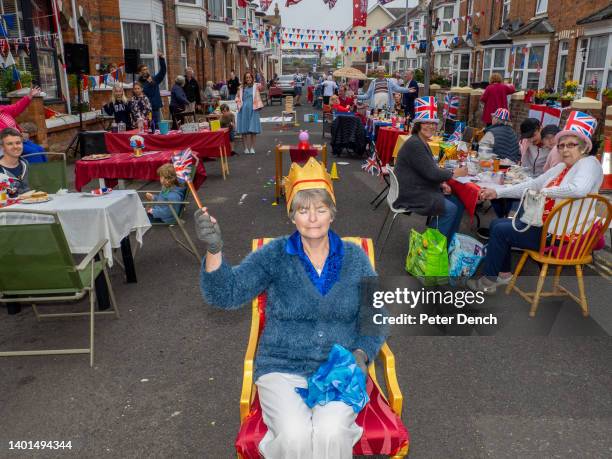 Queen of the street Lorraine Churchill at a street party to celebrate the Queen's Platinum Jubilee on June 05, 2022 in Weymouth, England.