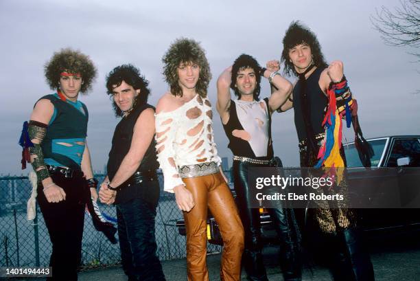 Bon Jovi in New Jersey on April 13, 1984. Left to right: keyboard player David Bryan, drummer Tico Torres, singer Jon Bon Jovi, bassist Alec John...
