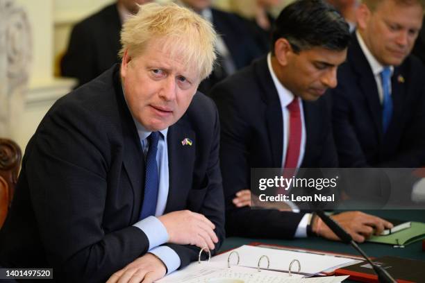 Britain's Prime Minister Boris Johnson addresses his Cabinet ahead of the weekly Cabinet meeting in Downing Street on June 07, 2022 in London,...