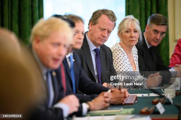 Britain's Culture Secretary Nadine Dorries looks on as Prime Minister Boris Johnson addresses his Cabinet ahead of the weekly Cabinet meeting in...