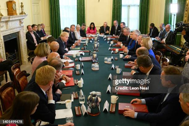 Britain's Prime Minister Boris Johnson addresses his Cabinet ahead of the weekly Cabinet meeting in Downing Street on June 07, 2022 in London,...