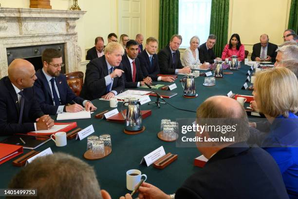 Britain's Prime Minister Boris Johnson addresses his Cabinet ahead of the weekly Cabinet meeting in Downing Street on June 07, 2022 in London,...