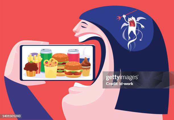 fat woman eating junk food on smartphone - all you can eat stock illustrations