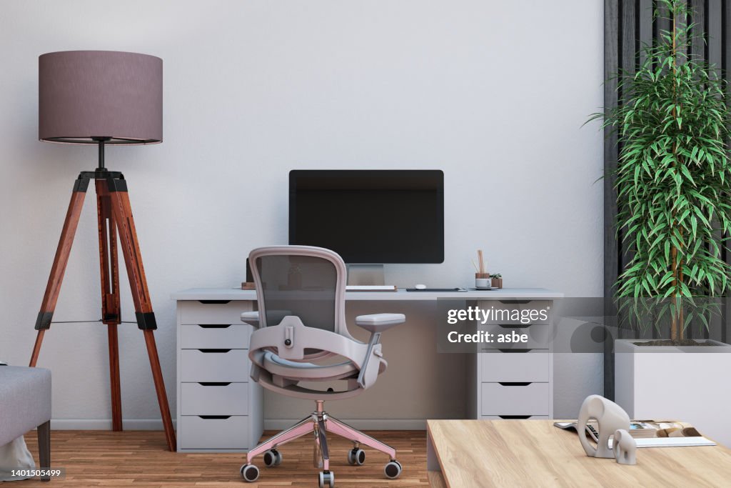 Modern Workspace with Computer Screen Chair and Desk