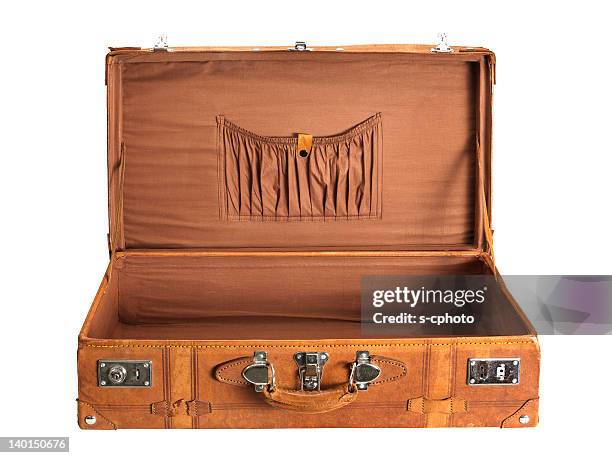 old brown rectangular suitcase over a white background - open suitcase stock pictures, royalty-free photos & images