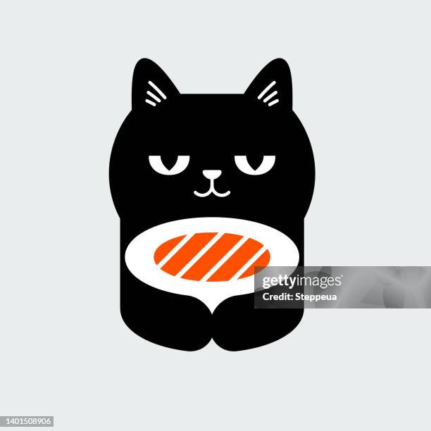 black cat with salmon roll - salmon temaki stock illustrations