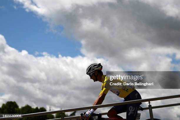 Alexis Vuillermoz of France and Team Total Energies Yellow Leader Jersey during the team presentation prior to the 74th Criterium du Dauphine 2022 -...