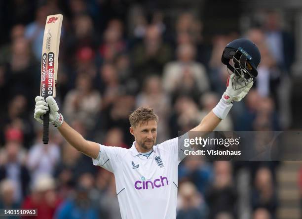 Joe Root of England celebrates after reaching his century during Day 4 of the First LV= Insurance Test Match between England and New Zealand at...