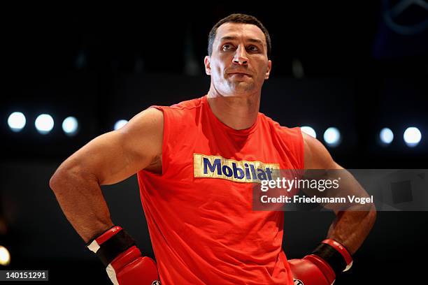 Wladimir Klitschko of Ukraine works out during a public training session at a Mercedes Benz showroom on February 29, 2012 in Duesseldorf, Germany....