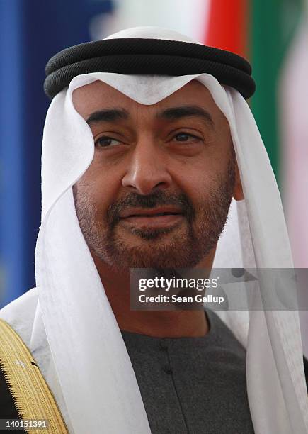 General Sheikh Mohammed bin Zayed Al Nahyan, the Crown Prince of Abu Dhabi, arrives to meet with German Chancellor Angela Merkel at the Chancellery...