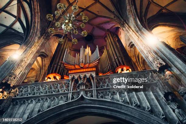 pope organ in cathedral, low angle view - church organ stock pictures, royalty-free photos & images