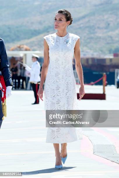 Queen Letizia of Spain attends the ceremony of the delivery of the National Flag to the ‘Special Naval War Force’ at the Juan Sebastian Elcano dock...