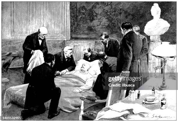 bildbanksillustrationer, clip art samt tecknat material och ikoner med antique illustration: death of french president felix faure - man dog home