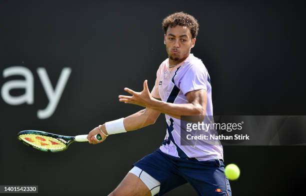 Paul Jubb of Great Britain plays a forehand against Jay Clarke of Great Britain during the Men's Singles First Round match on day 4 of The Rothesay...