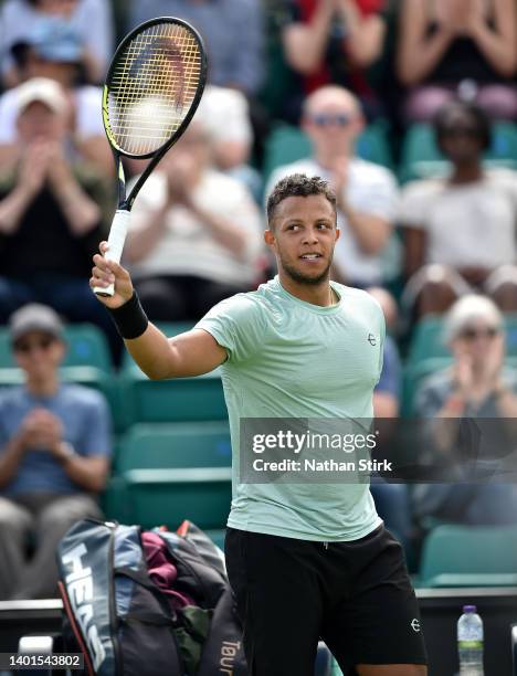 Jay Clarke of Great Britain celebrates after winning match point against Paul Jubb of Great Britain during the Men's Singles First Round match on day...