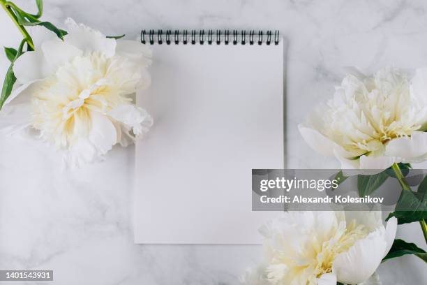 minimal styled flat lay with cream peony flower and empty white page notebook for text. mock up concept. top view, flat lay - white flower paper stock pictures, royalty-free photos & images