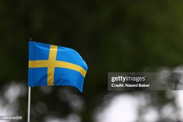 General view of a Swedish flag on a pin flag during a practice round prior to the Volvo Car Scandinavian Mixed Hosted by Henrik & Annika at Halmstad...