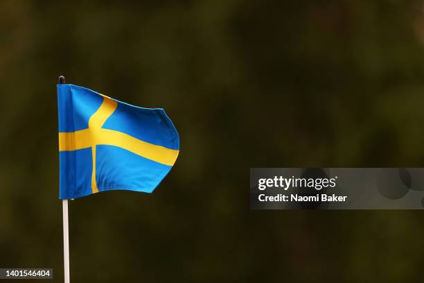 General view of a Swedish flag on a pin flag during a practice round prior to the Volvo Car Scandinavian Mixed Hosted by Henrik & Annika at Halmstad...