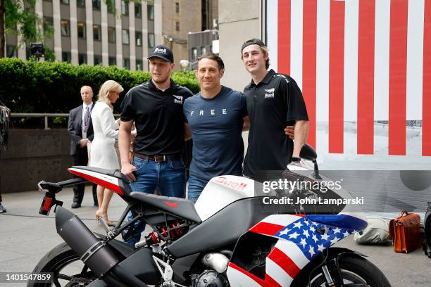 Save Our Allies Founder, Tim Kennedy poses with Buell motorcycle workers outside Fox News Channel Studios on June 07, 2022 in New York City.
