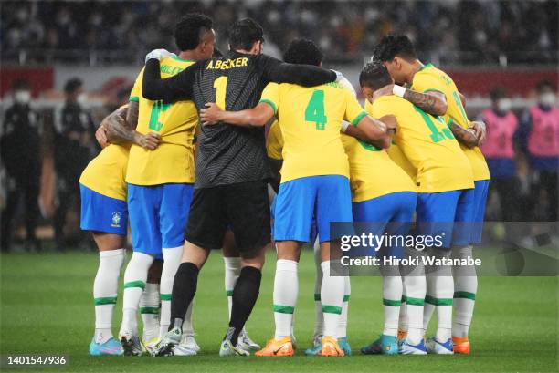 Players of Brazil huddle during the international friendly match between Japan and Brazil at National Stadium on June 06, 2022 in Tokyo, Japan.