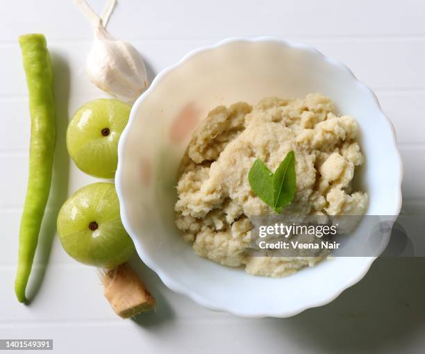 indian gooseberry/amla chutney in a white ceramic bowl - chutney stock pictures, royalty-free photos & images