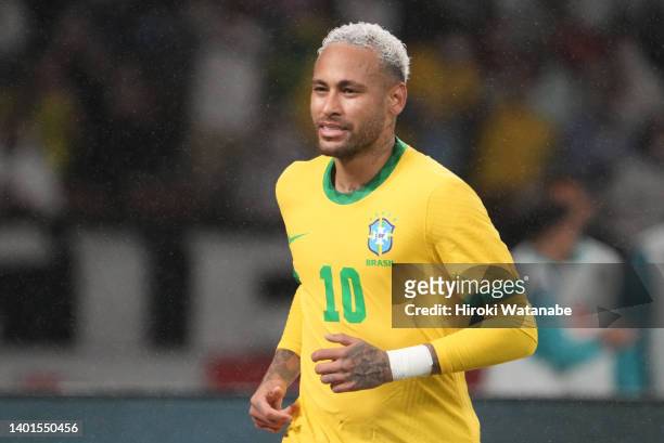 Neymar Jr of Brazil looks on during the international friendly match between Japan and Brazil at National Stadium on June 06, 2022 in Tokyo, Japan.