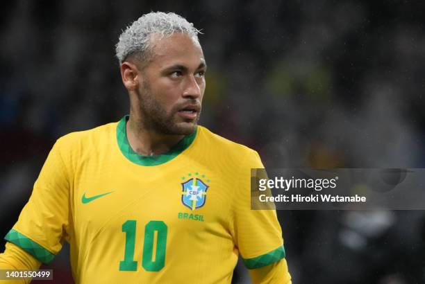 Neymar Jr of Brazil looks on during the international friendly match between Japan and Brazil at National Stadium on June 06, 2022 in Tokyo, Japan.