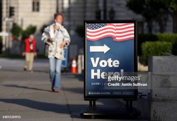 Sign is posted outside of a polling station at San Francisco City Hall on June 07, 2022 in San Francisco. California. California voters are heading...