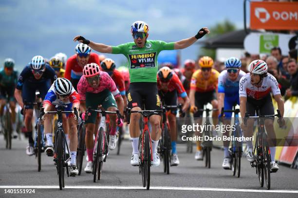 Stage winner David Gaudu of France and Team Groupama - FDJ, Wout Van Aert of Belgium and Team Jumbo - Visma Green Points Jersey and Victor Lafay of...
